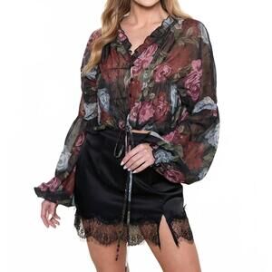 NEW FORE COLLECTION floral printed smocked chiffon top in violet multi